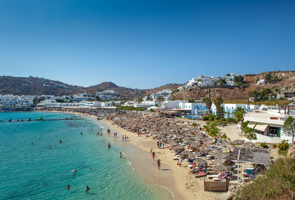 Platis Gialos, beach in Mykonos, Greece. Platis Gialos, beach in Mykonos, Greece.